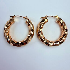 14K Solid Yellow Gold Jacmel Mauritius 24MM Twist Textured Hoop Earrings JCM